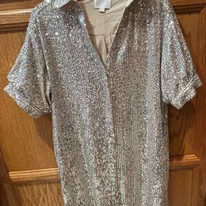 Everly Goldish Cream Sequin Shirt Dress